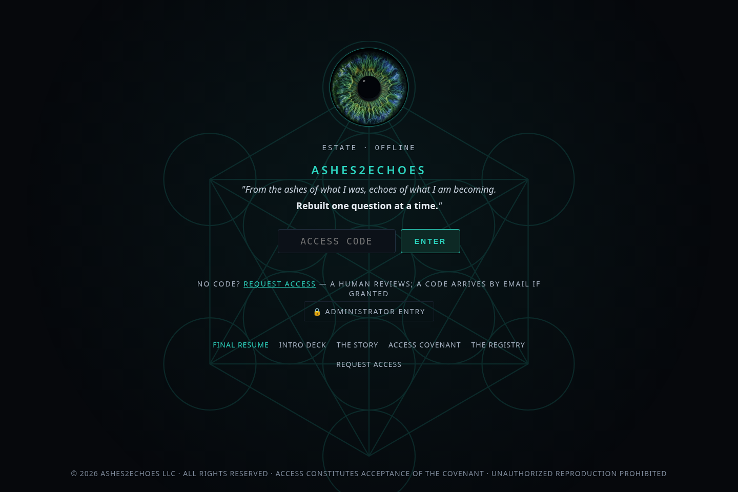Browser test screenshot of the Gate page, with the enlarged eye centered on the top logo circle and readable sign-in controls.